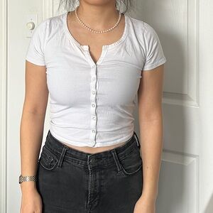 Hollister White Short Sleeve Button-Up Tee